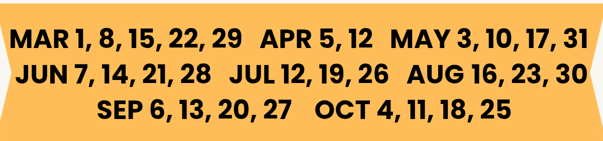 2026 Market Dates Calendar showing Sundays from March through October